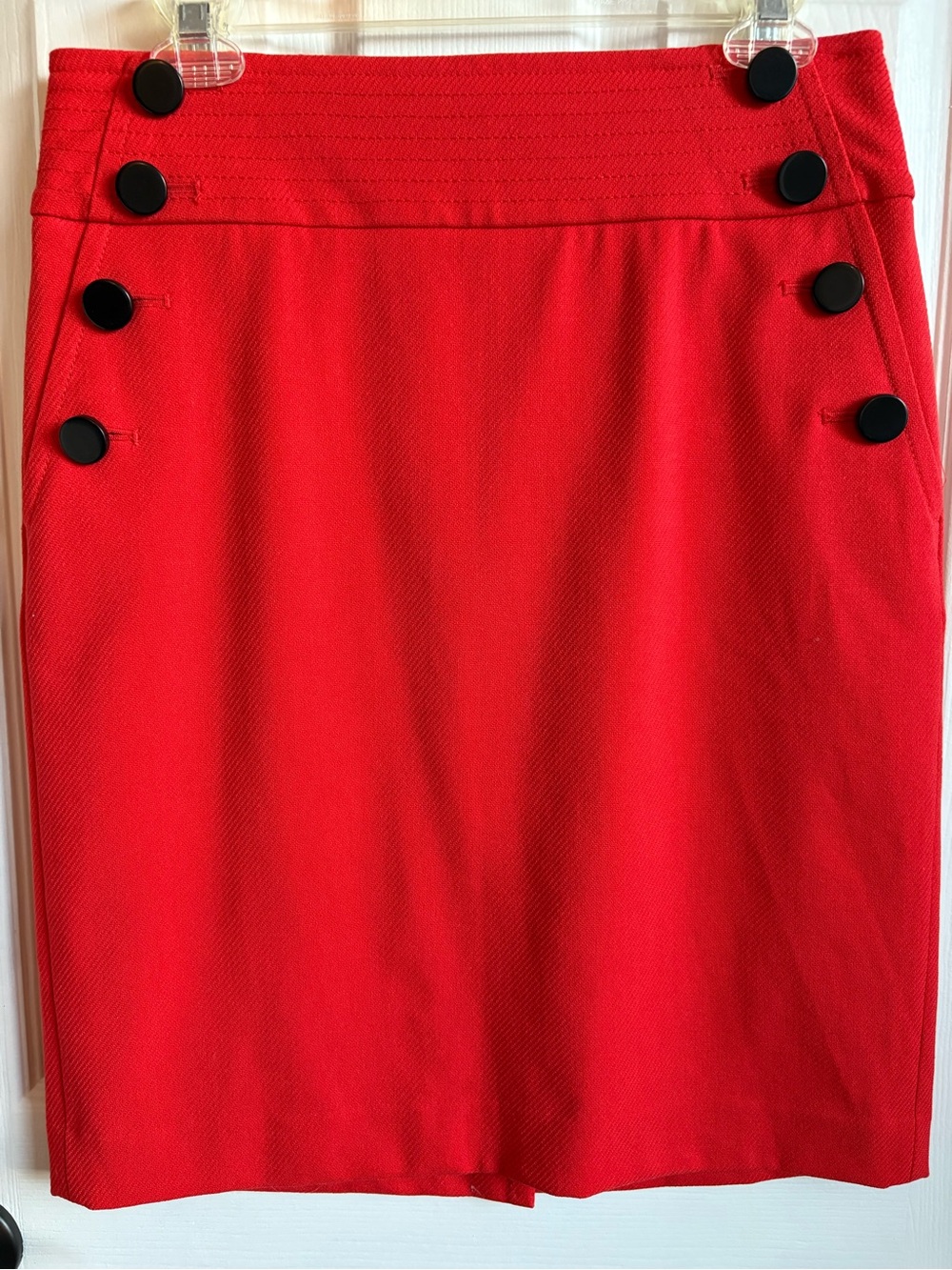 LOFT Red Pencil Skirt with Black Button Accents, Size 6 NWOT